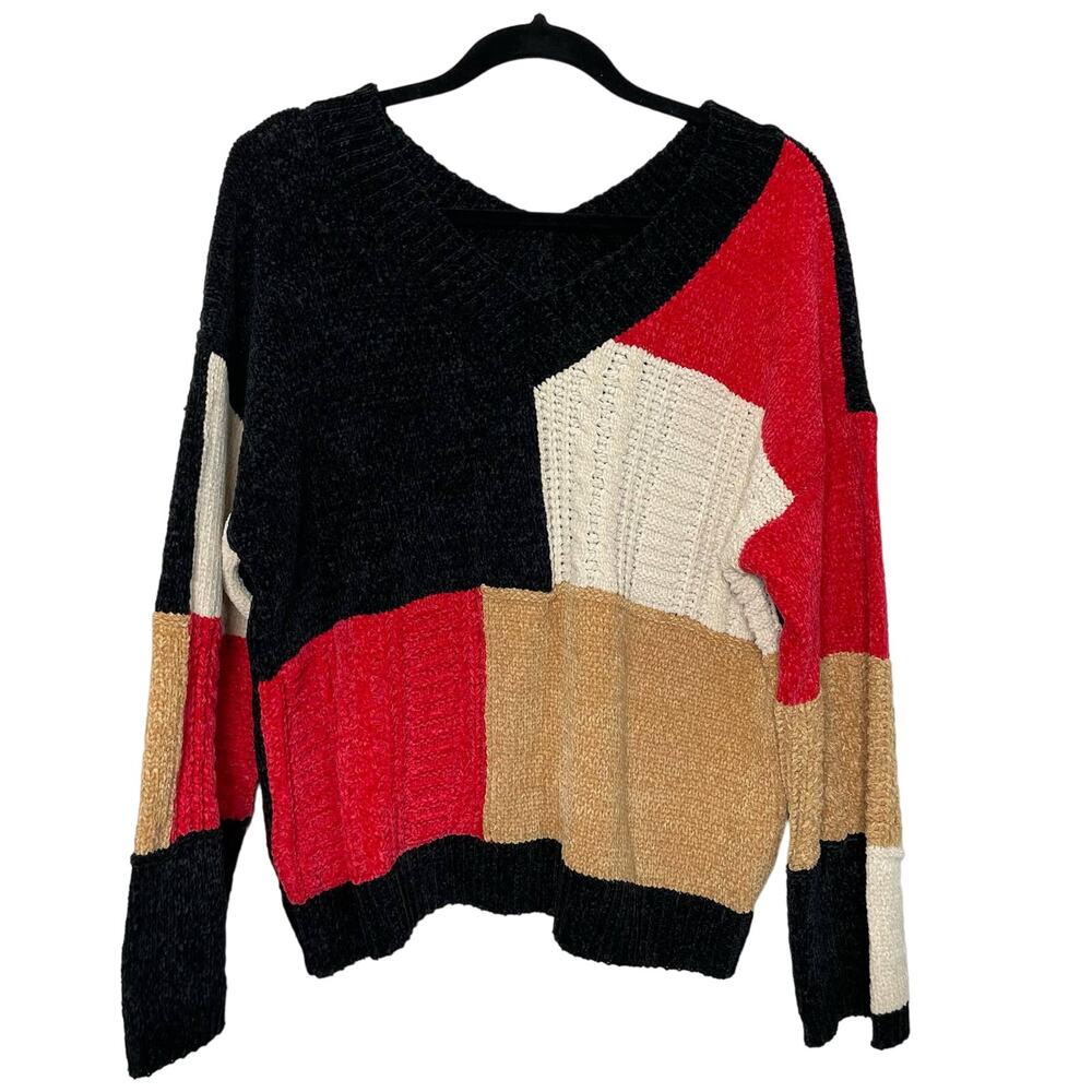 Pol Pullover Sweater Cable Knit V-Neck Long Sleeve Color Block Black Red Brown S